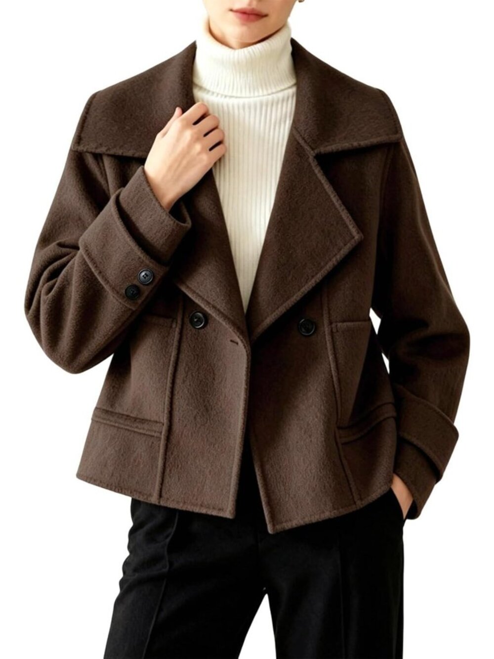 Chic Women's Cropped Wool Pea Coat with Notched Lapel & Pockets - Stylish